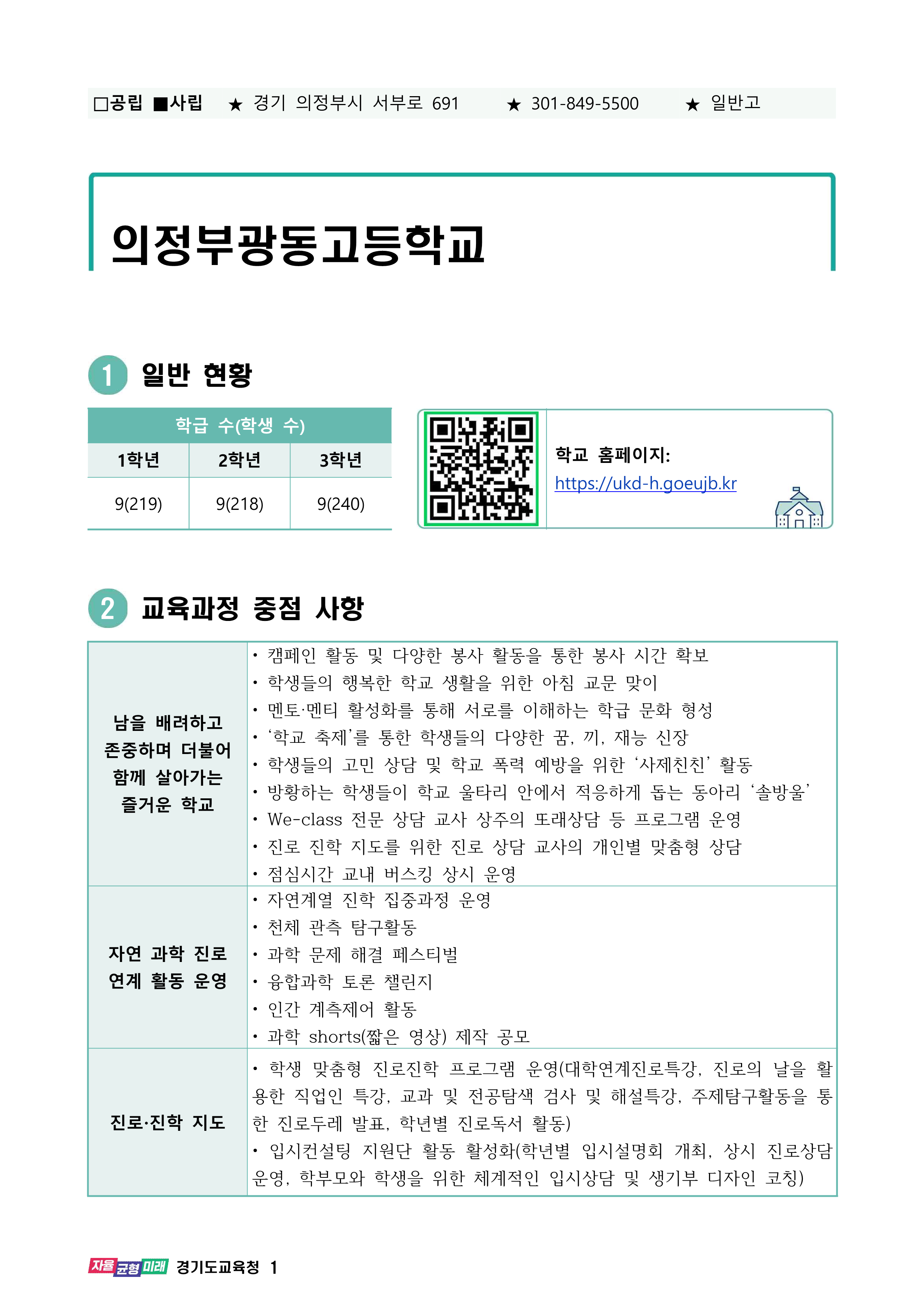 2025학년도 일반고 입학생 교육과정(광동고) 001 QR코드 : https://ukd-h.goeujb.kr/ukd-h/main.do